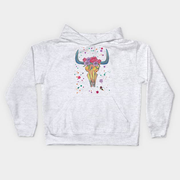 Colorful Cow Skull Kids Hoodie by LuvbuzzArt